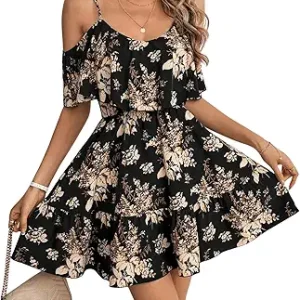 SOLY HUX Women's Summer Floral Mini Dress Cold Shoulder Ruffle Dresses | Boho, Short Sleeve, A Line, Vacation, Sundress