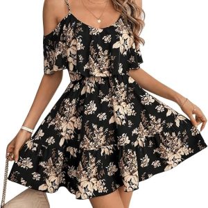 SOLY HUX Women's Summer Floral Mini Dress Cold Shoulder Ruffle Dresses | Boho, Short Sleeve, A Line, Vacation, Sundress