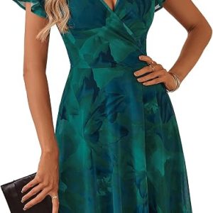 ZABERRY Womens Dresses Wrap V-Neck Knee Length Floral Mesh Wedding Guest