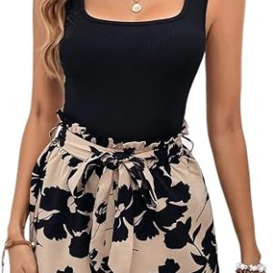 BEAUDRM Women's 2 Piece Outfit Tank Top and Floral Print Belted Shorts Sets | Boho, Floral, Paisley, Beach, Square Neck, Summer Vacation Cruise Set, Casual Resort Wear