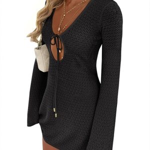 ANRABESS Women’s Crochet Swimsuit Cover Up, V Neck Mesh Knit Beach Dress, Long Sleeve Summer Vacation Beachwear