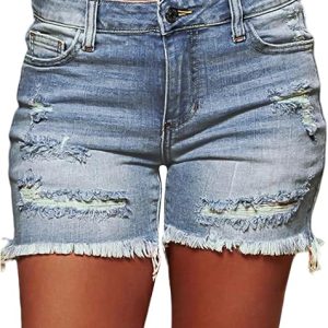Flamingals Ripped Stretchy Jean Raw Hem Shorts for Women | Low Waist Casual Trendy Denim Shorts, Jean Shorts for Women, Denim Fabric, Stretch Comfort, Stretchy