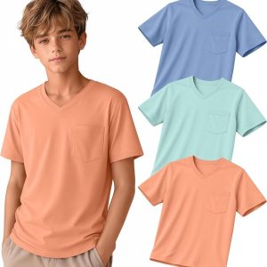 3 Pack Boy's T-Shirts 5-14 Years | Short Sleeve, V Neck, with Pocket, Loose, Baggy, Uniform Shirts, Summer, Basic, Casual, Solid, Soft, Back to School Clothes