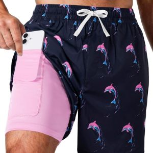 Men's Swim Trunks, 2 in 1 Board Shorts Swimsuit Quick Dry Beach Shorts with Pockets Compression Liner Bathing Suits