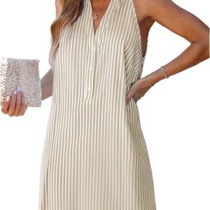 CUPSHE Women's Striped Halter V-Neck Button Up Shift Mini Dress | Sleeveless, Relaxed Fit, Button Down, Flowy Linen Short Coverup Dress, For Summer Beach Vacations, Resort, Casual Daily Wear