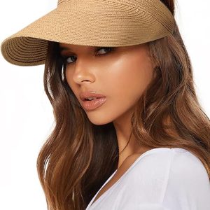 FURTALK Womens Sun Visor Hat Straw Sun Visors for Women Summer Packable Ponytail Beach Hats for Women Travel UPF 80+