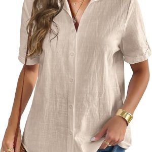 Zeagoo Women Linen Button Down Shirt Rolled Cuffed Short Sleeve Blouse Ladies Summer Casual V Neck Beach Cotton Tops