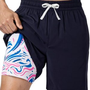 Men's Swim Trunks, 2 in 1 Board Shorts Swimsuit Quick Dry Beach Shorts with Pockets Compression Liner Bathing Suits