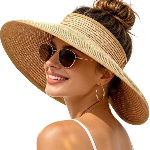Sun Hats Visor for Women, UV UPF Straw Beach Hat Foldable Wide Brim Ponytail Summer Hats Packable Travel