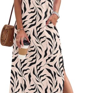 MISFAY Women's Short Sleeves Summer Maxi Dresses with Pocket | Notched V-neck, Side Splits, Two Pockets, Swing Sundress Hem, Loose Shirt Dress Fit, Ankle Length, Beach Vacation Outfits