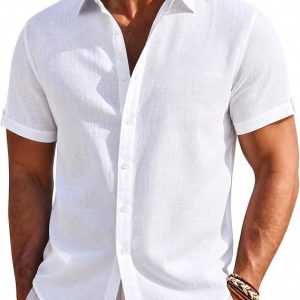 Linen Shirts for Men Short Sleeve Button Down Shirts Summer Beach Casual | Linen and Cotton Blend, Lightweight, No Pocket, Fitted, Button Up Dress Shirt, Fashion Vacation Wedding Tropical Resort