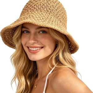 Sun Hat for Women Summer Straw Beach Hats Bucket Hat Floppy Crochet Hat | Foldable Packable，Breathable，Hand-Woven Paper Straw Hat，Summer Hat For Beach, Walks, Travel & Effortless Style