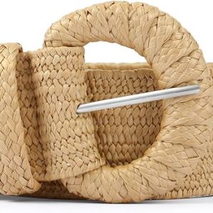 Straw Belts for Women Stretchy Woven Belt with Oval Buckle Elastic Belt for Dress Boho Waist Belt