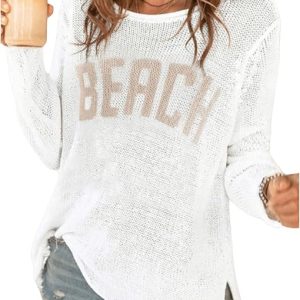 COZYEASE Women's Beach Cover Up Letter Print Long Sleeve Crochet Sweater | Crew Neck, Split Hem, Jumper Top, Beach Sweater, Beach Cover Up, Cute, Resort, Summer