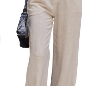 Fakanhui Women's Linen Dressy Work Casual Pants Summer Business Straight Wide Leg Cotton Linen Trouser Pants