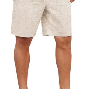 COOFANDY Men Linen Beach Shorts Casual Drawstring Summer Vacation Shorts | Elastic Waist, Lightweight Stretch Short, 9 Inch Inseam, Slim Fit, Holiday Vacation Shorts, Flat Front Short, Hawaiian Style
