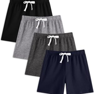 4 Pack Boys Toddler French Terry Cotton Shorts with Drawstring for Kids | Soft fabric, elastic drawstring waist, Age 2-12, solid color shorts, toddler everyday wear, boys kids casual and play wear