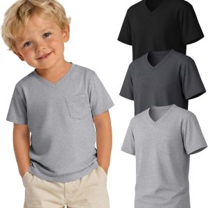 3 Pack Toddler Boys Short Sleeve Shirts | V Neck, Baby Tees, Summer, Basic, Athletic, Casual, with Pocket, Back to School Clothes, for Kids 18M-5T