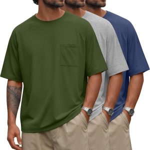 August Alley 3 Pack Mens Oversized T-Shirts | Short Sleeve, Crewneck Tops, Pocket, Workout, Loose Fit, Baggy, Summer Basic Tee, Breathable, Casual