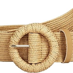 Women's Boho Straw Woven Raffia Waist Belt with Round Square Buckle for Summer Dresses Jeans and Shorts