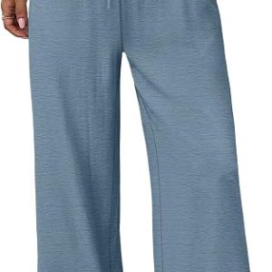 Sampeel Wide Leg Pants for Women Flowy Palazzo Drawstring Elastic Waist Trousers with Pockets Summer Beach Vacation Clothes