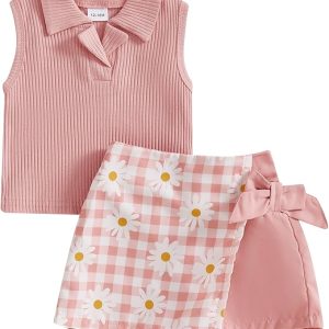 Madjtlqy Toddler Baby Girls Summer Outfit Sleeveless Ribbed Collared Tank Tops + Floral Skirt Shorts Set Kids Cute Clothes