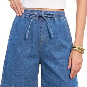 Sidefeel Womens High Waisted Drawstring Summer Jean Shorts | Adjustable Elastic Waist, Pull On, Practical Side Seam Pockets, Baggy Relaxed Fit, Stretchy Denim Shorts