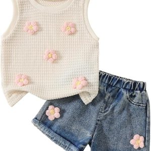Toddler Baby Girl Summer Clothes Waffle Knit Floral Embroidery Sleeveless Tank Top Jean Shorts 2Pcs Outfit Set