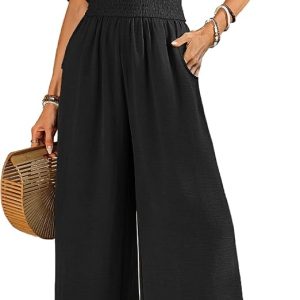 LOOKBOHO Jumpsuits for Women Dressy Casual Short Sleeve Pants Rompers 2026 | Button V Neck,Smocked Waist Wide Leg Teacher Outfits with Pockets,One Piece Outfits for Office,Date,Airport Travel,Party