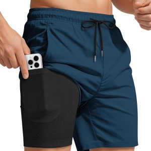 Yufawow Men Swim Trunks with Compression 7 Inches Breathable Liner Quick Dry Zipper Pockets for Board Beach Gym Running