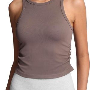 Lemef Tank Tops for Women Ribbed Crop Camis High Crew Neck Basic Vest Sleeveless Workout Yoga Teen Summer Outfit
