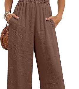 Caracilia Jumpsuits for Women Dressy Casual Smocked | Ruffle Cap Sleeve Cute Long Rompers, Lightweight Work One Piece Summer Vacation Outfits with Pockets
