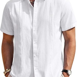 Mens Linen Textured Shirt Short Sleeve Button Down Cuban Guayabera Shirt | 100% Cotton, Casual Wear, Lightweight Breathable, Summer Beach, Untucked, Relaxed Fit, Vacation, Cruise, Camp, Collared