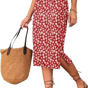 Midi Skirts for Women Summer Elastic High Waisted Side Slit Long Skirts