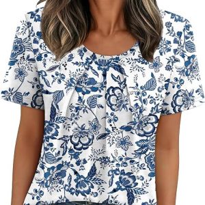 WIHOLL Women T Shirts Pleated Short Sleeve Tops Business Casual Blouses | Loose Fit, Dressy Casual, Trendy 2026, Flowy, Boho