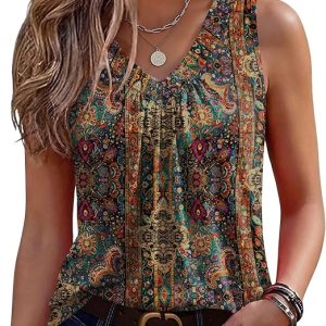 Zeagoo Womens Tank Tops Summer Sleeveless Tops V Neck Pleated Shirts | Summer Sleeveless Loose Fit Tops,Basic Tees,Dressy Casual Trendy Clothes,Fashion Clothing,Cute Tops,Womens Tops,Ladies Shirts