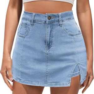 Vetinee Jean Skorts for Woman High Waisted Trendy Slit Y2K Shorts Skirts | Stretchy Denim Skirt with Shorts Underneath, 5 Functional Pockets, Casual Summer Skort, Country Concert Outfits for Women