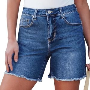 luvamia Jean Shorts for Women High Waisted Stretchy Frayed Hem Denim Jorts | 6 Inch Inseam, Trendy, Casual, Mid Thigh Denim Shorts, High Rise, Stretch, Frayed Raw Hem, Summer Vacation Outfits for Women