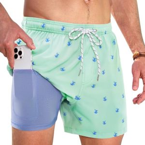 Mens Swim Trunks with Compression Liner 5 inch Quick Dry Mens Bathing Suit | Lining Lined Swim Shorts Men 2 in 1 No Chafe 4 Way Stretch Water Resistant Breathable Funny Surfing Fishing Mens Swimsuit
