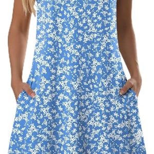 Zeagoo Womens Summer Dress 2026 Sleeveless Casual A-Line Tshirt Sundresses | Dress With Pocket,Floral Print,Crewneck,Aline Flowy Swing Mini Dress,Loose Tank Tshirt Dress,For Beach Vocation