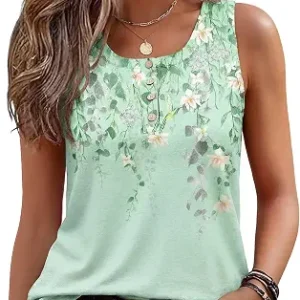 Zeagoo Womens Sleeveless Tank Tops Crew Neck Loose Fit Button Summer Tops