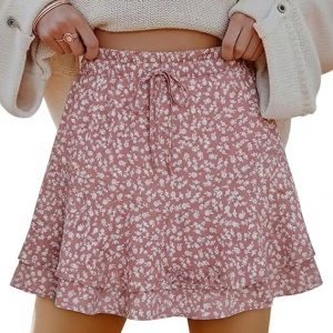 Mini Skirts Skorts for Women Floral with Pocket Flowy Chiffon Ruffle Skorts Boho Casual Beach Skirt with Shorts Underneath