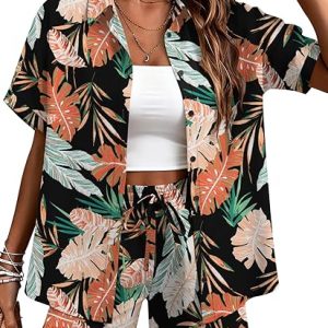 LOMON Women's 2 Piece Short Sets Hawaiian Vacation Tropical Print Outfits | Hawaii Short Sleeve Shirts & Print Short Sets, Two Piece Beach Cover ups Outfit for Luau Travel Resort Wear