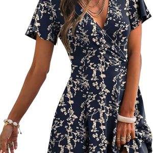 RUMIA Women Casual Dresses Wrap V Neck Dress A-Line Summer Sundress Fashion | Summer Cocktail Dresses Garden Party Outfits Casual Wedding Guest Gowns Graduation Elegant Dinner Dresses