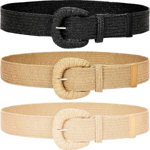 WHIPPY 3 Packs Women Straw Woven Elastic Stretch Waist Belts Fashion Boho Braided Skinny Ladies Dress Belt