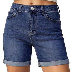 luvamia Jean Shorts for Women High Waisted Stretchy Cuffed Hem Denim Jorts | Mid Thigh Denim Shorts, Trendy High Rise, Stretch, Rolled Hem, 6 Inch Inseam Shorts, Summer Country Concert Outfits for Women