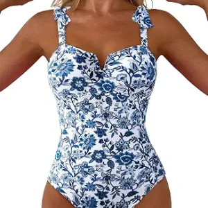 Aleumdr Women's One Piece Swimsuit Tummy Control V Neck Swimwear | Boho Tie Shoulder, Floral Print, Full Coverage Swimwears, Push Up Bathing Suits for Womens, Long-Torso Fit, Beach Vacation