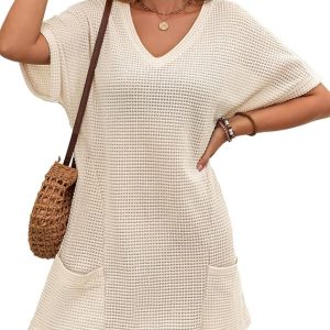 Swimsuit Coverup for Women, Waffle Knit V Neck Swimwear Bathing Suit Cover Up Crochet Beach Dress with Pockets
