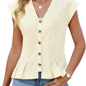 Womens V Neck Crop Tank Tops Cap Sleeve Spring Summer Blouse Button Down Shirts Going Out Vests Top Trendy 2026
