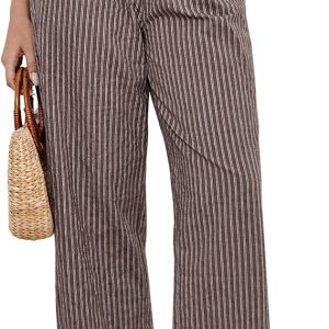 GRAPENT Striped Pants for Women High Waisted Wide Leg Cotton Linen Trendy Beach Pull on Elastic Waist Casual Flowy Pants